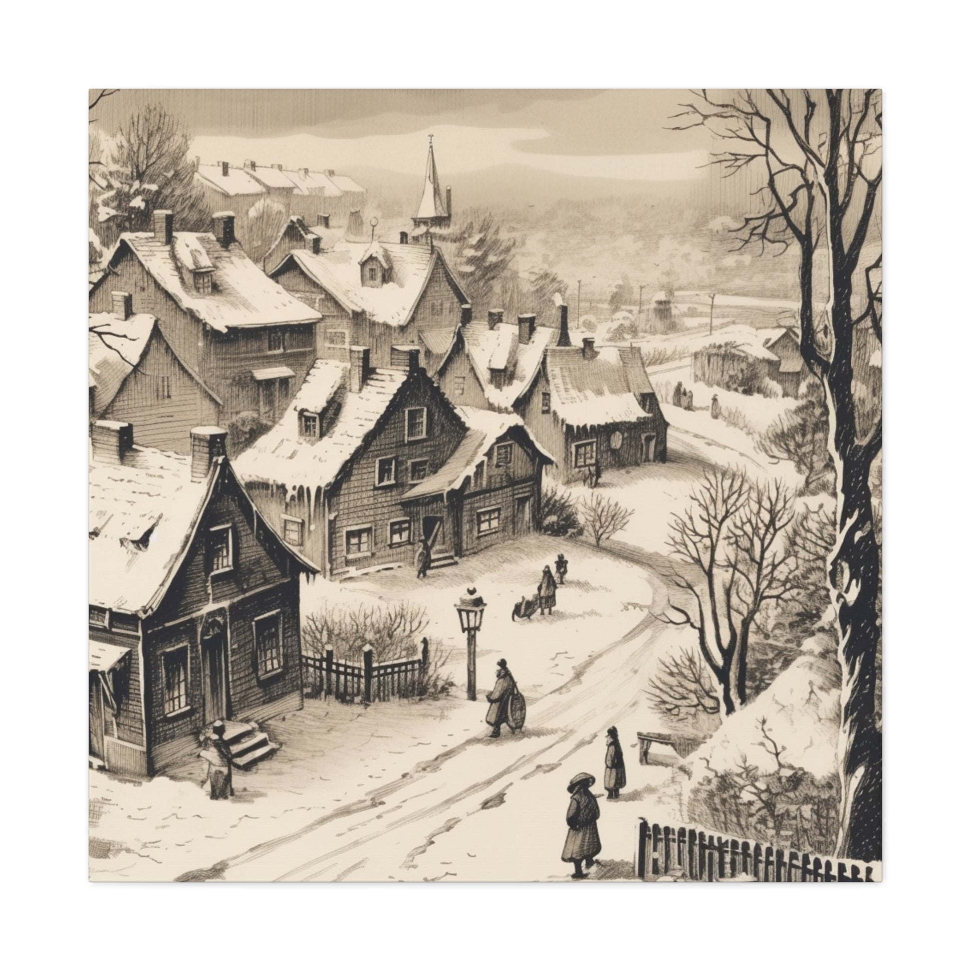 Cozy vintage village in snow wall art piece