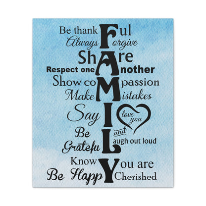 Inspirational family values canvas wall art against a serene sky backdrop.