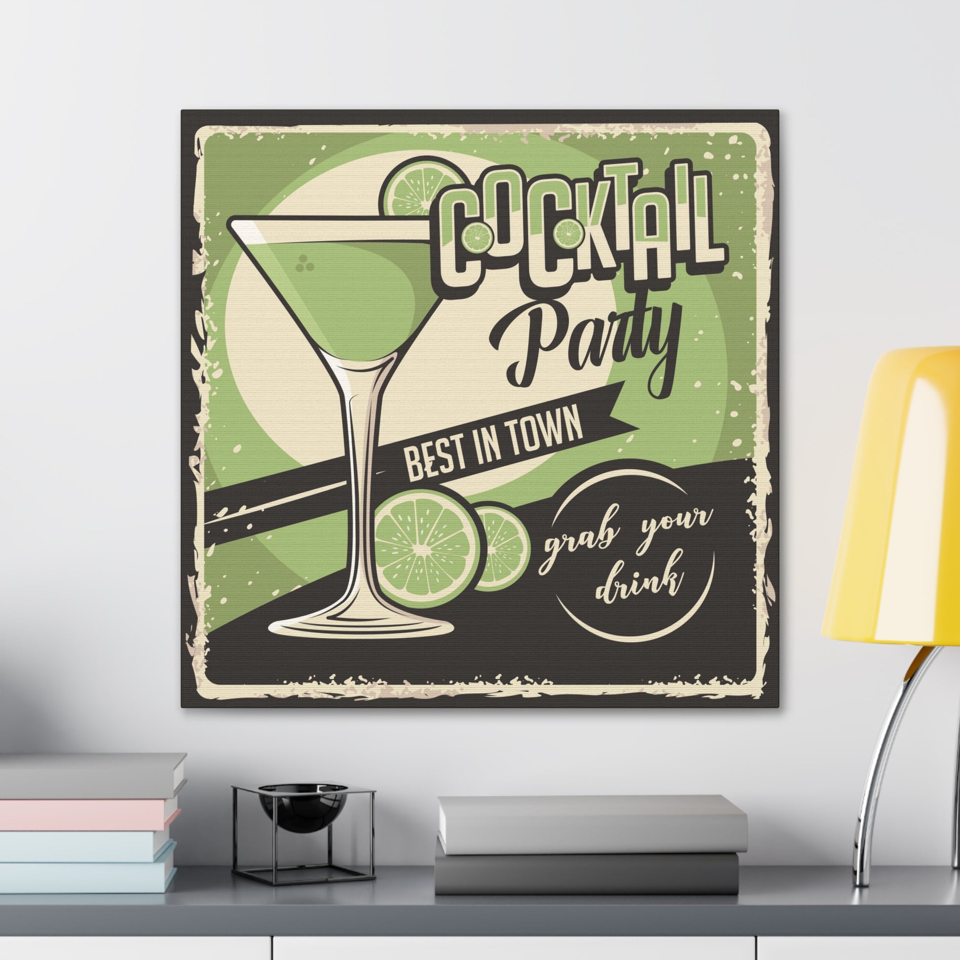Vintage cocktail canvas art with lime green and black color scheme
