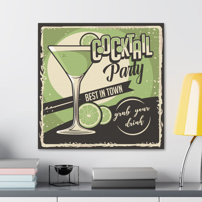 Vintage cocktail canvas art with lime green and black color scheme
