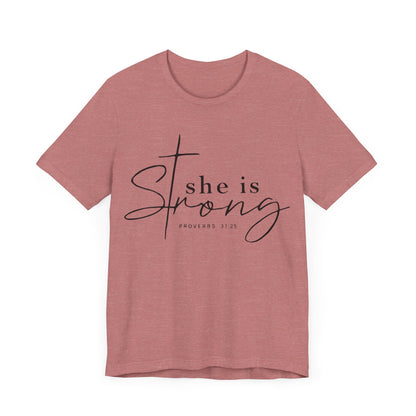 "Proverbs 31:25 Women's T-Shirt with Tall Cross in Text"