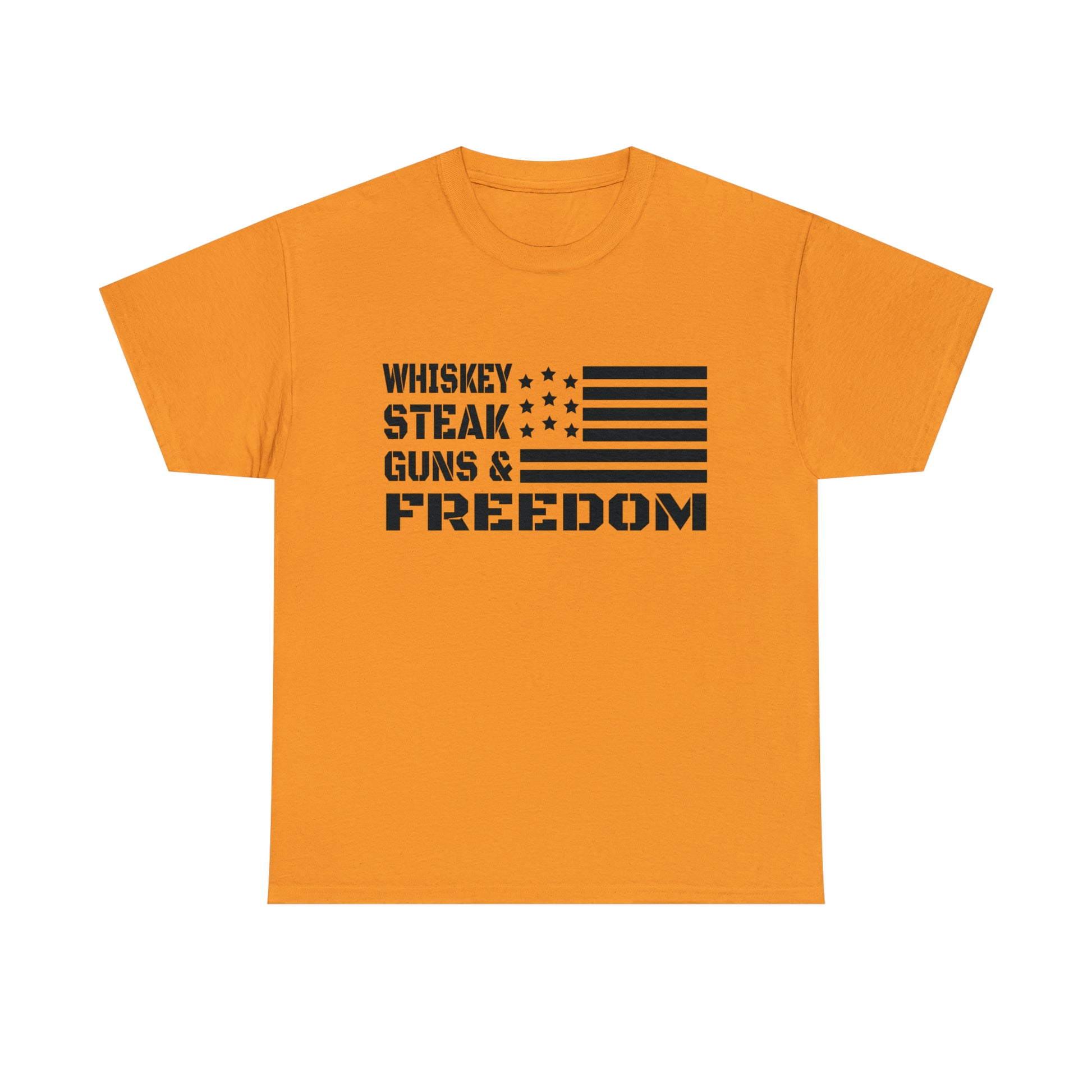 Cowboy lifestyle t-shirt with whiskey, steak, and 2nd Amendment pride
