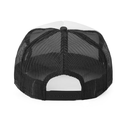 Mesh back trucker hat with sexual humor text
