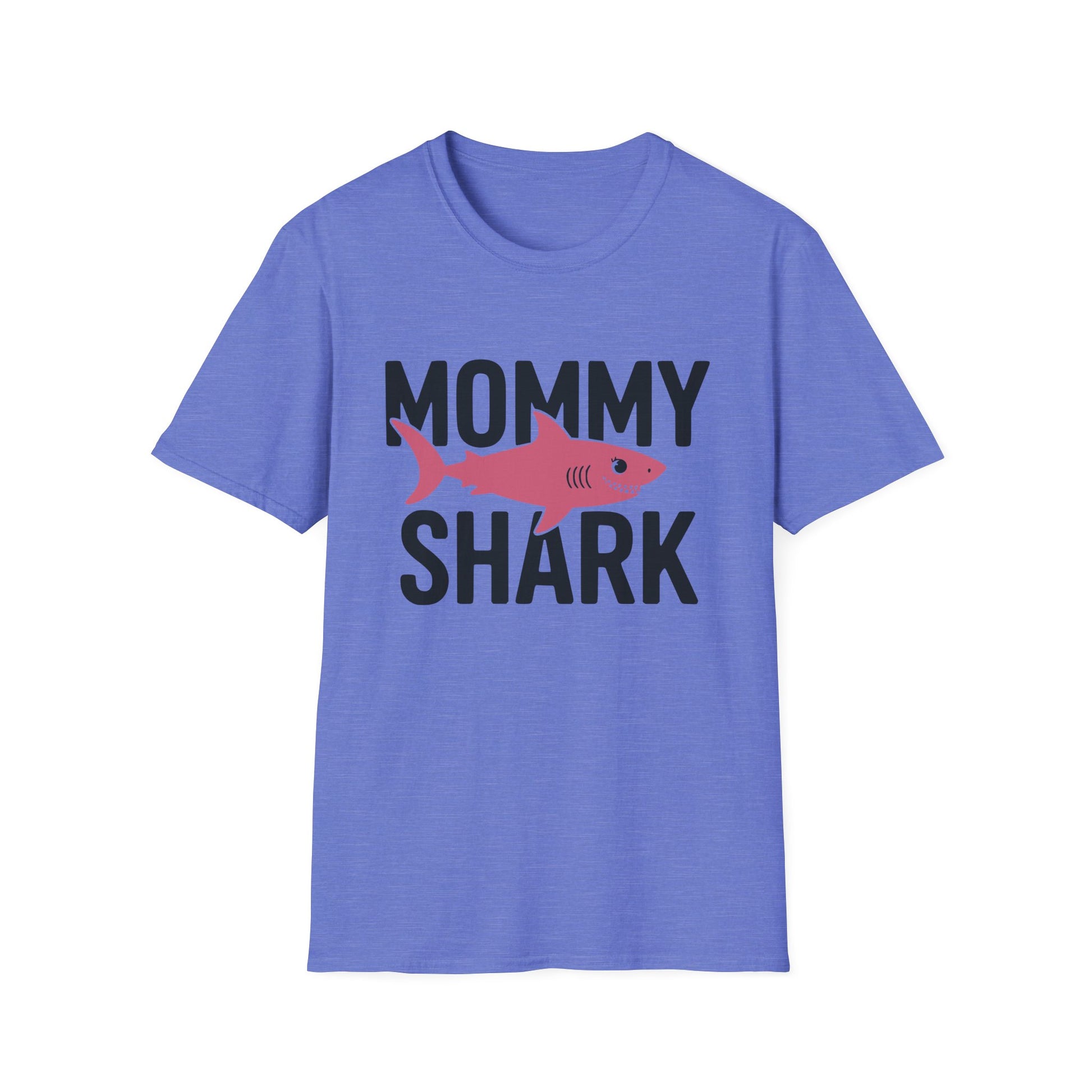 Purple t-shirt with 'Mommy Shark' graphic on a white background