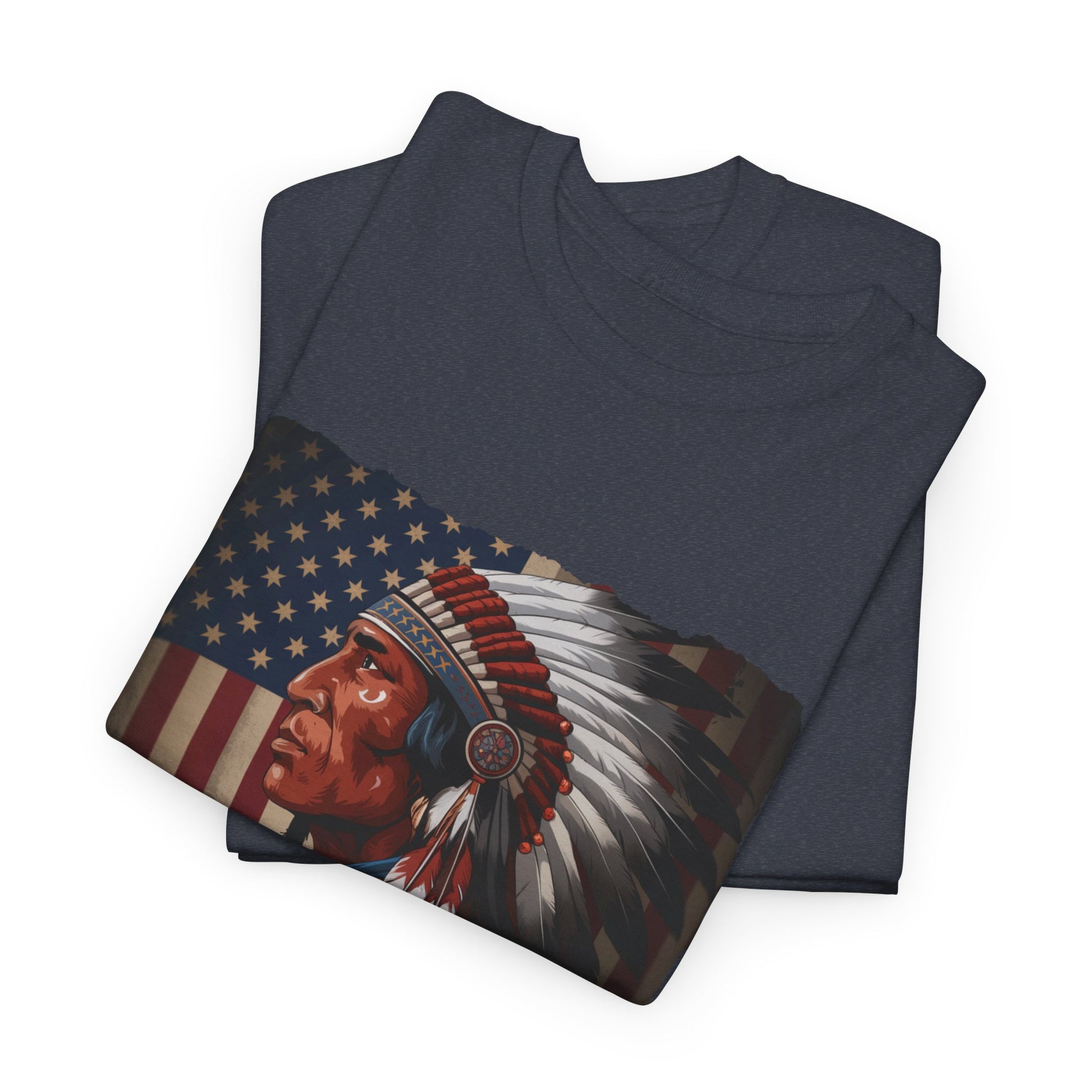 Native American T-Shirt – Feathered Headdress & Flag Design

