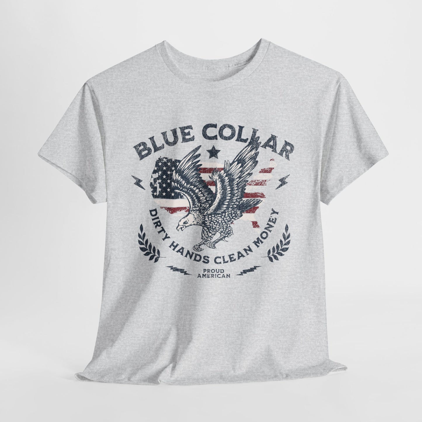 Gray t-shirt with an eagle graphic and text on a white background