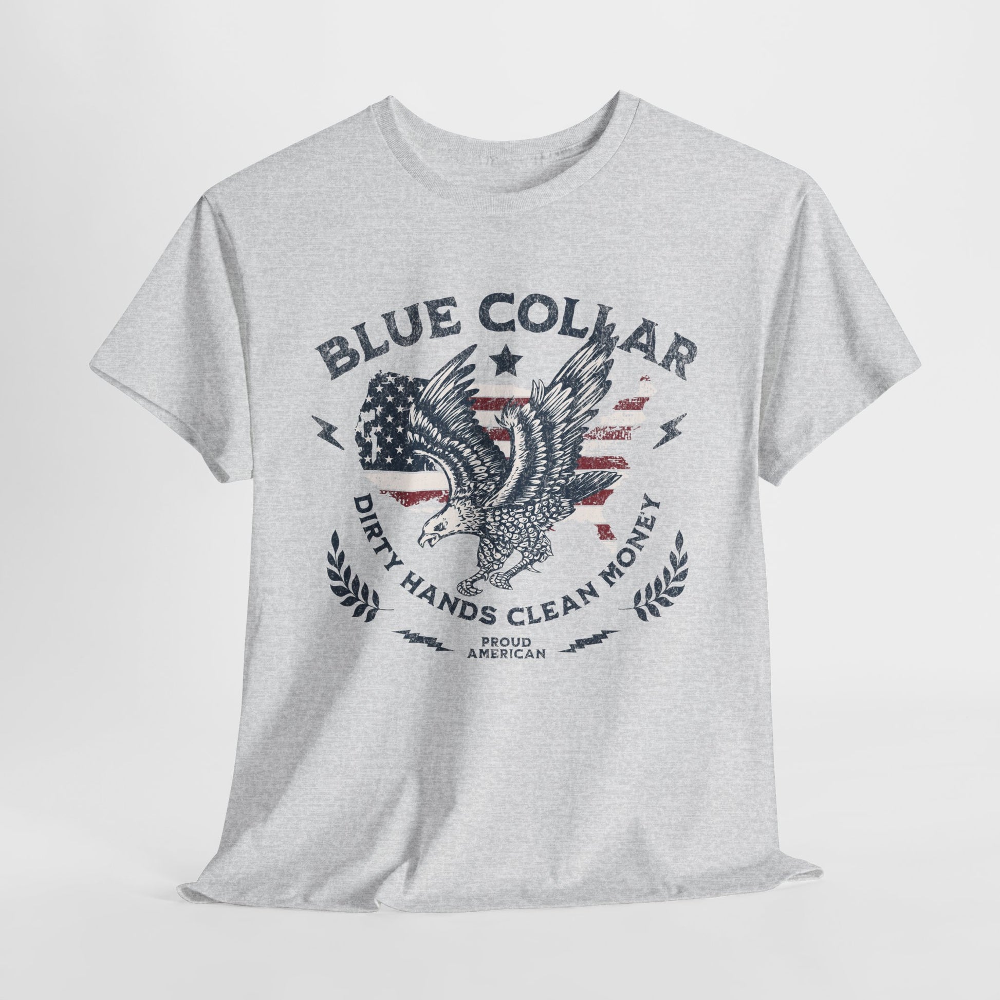 Gray t-shirt with an eagle graphic and text on a white background