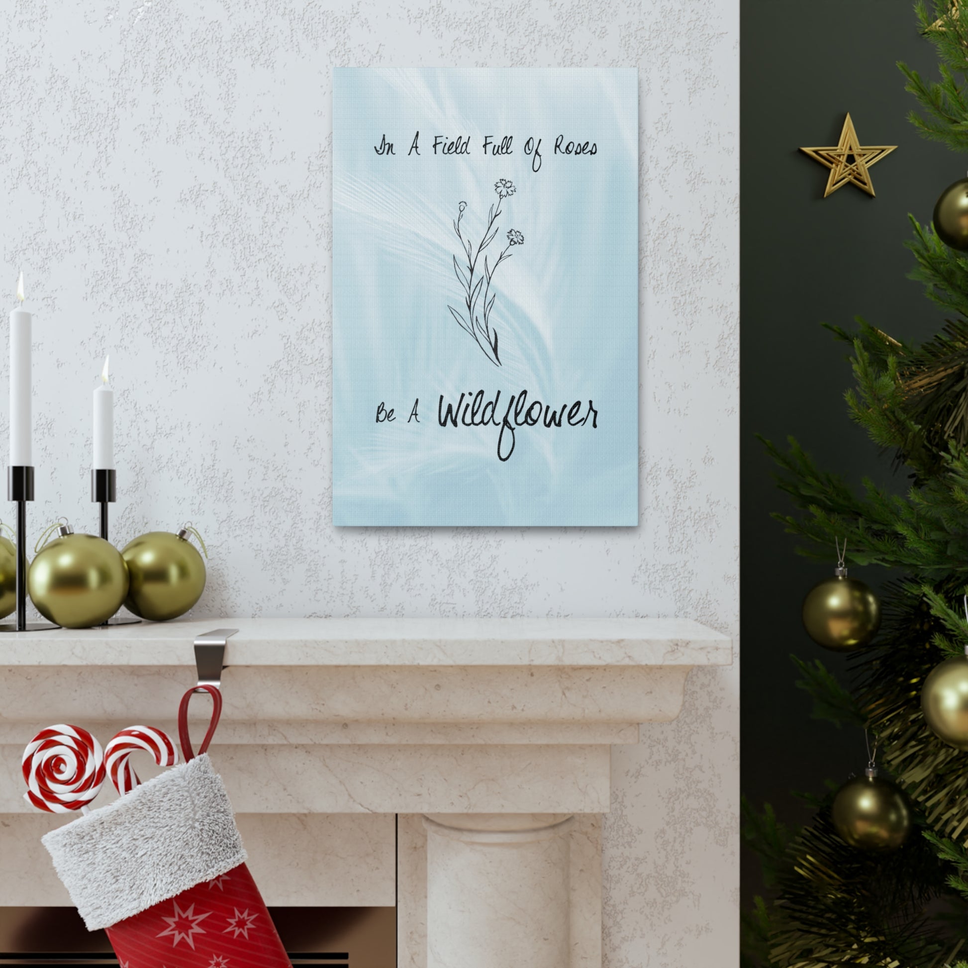 Wildflower canvas print with inspirational text in cursive font
