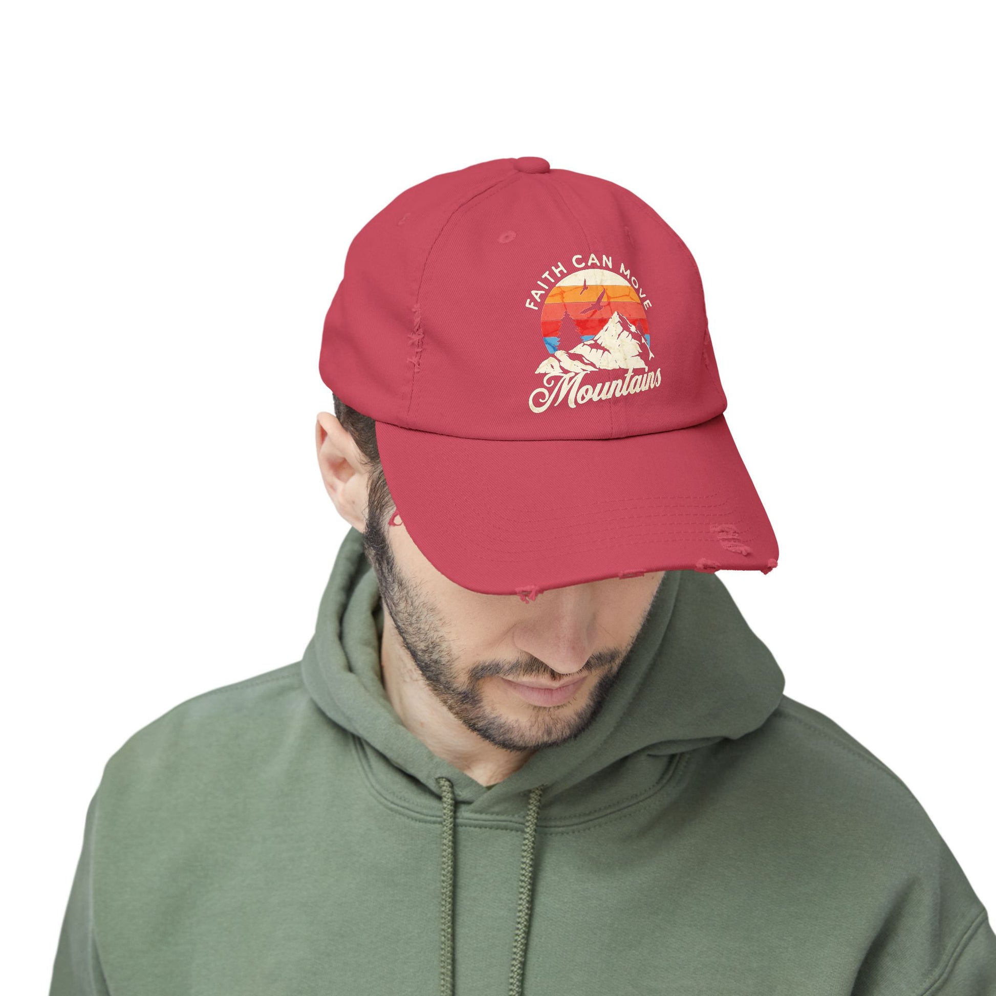 Christian ball cap with faith quote and sunset graphic
