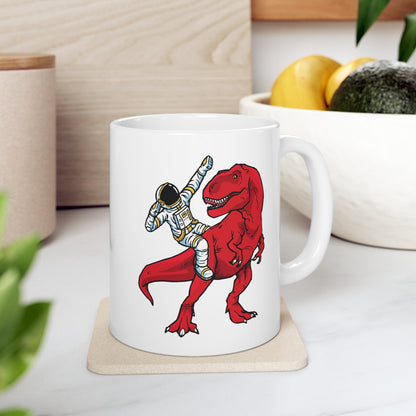White ceramic coffee funny mug with sci-fi dino design
