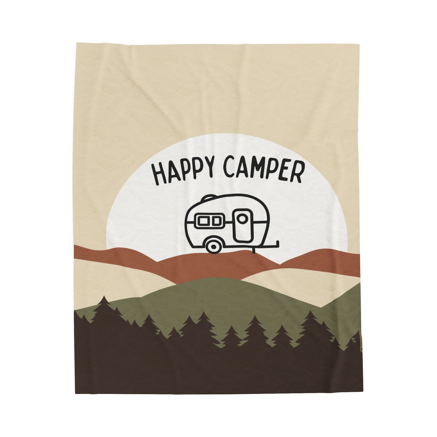 Rustic camping blanket with Happy Camper text and scenic mountain backdrop
