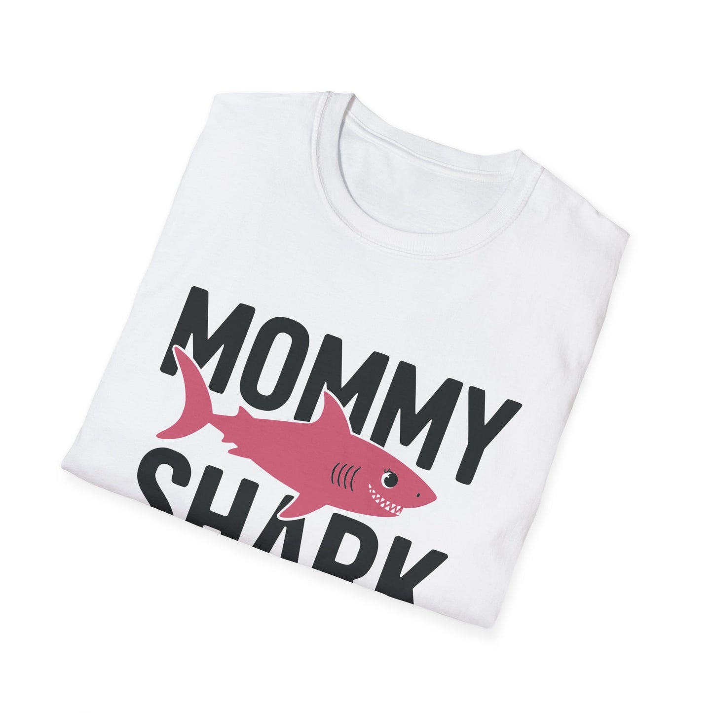 White t-shirt with 'Mommy Shark' design on a white background
