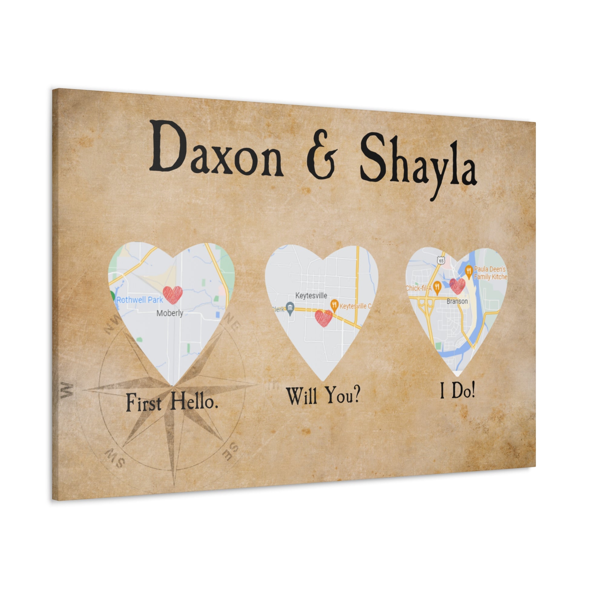 Personalized love story canvas featuring names and map locations.
