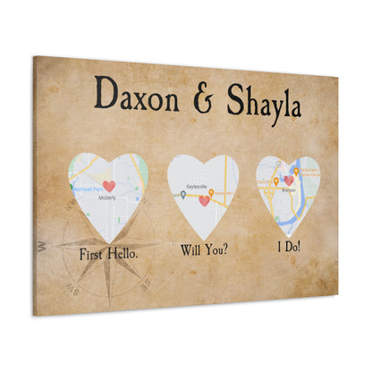 Personalized love story canvas featuring names and map locations.
