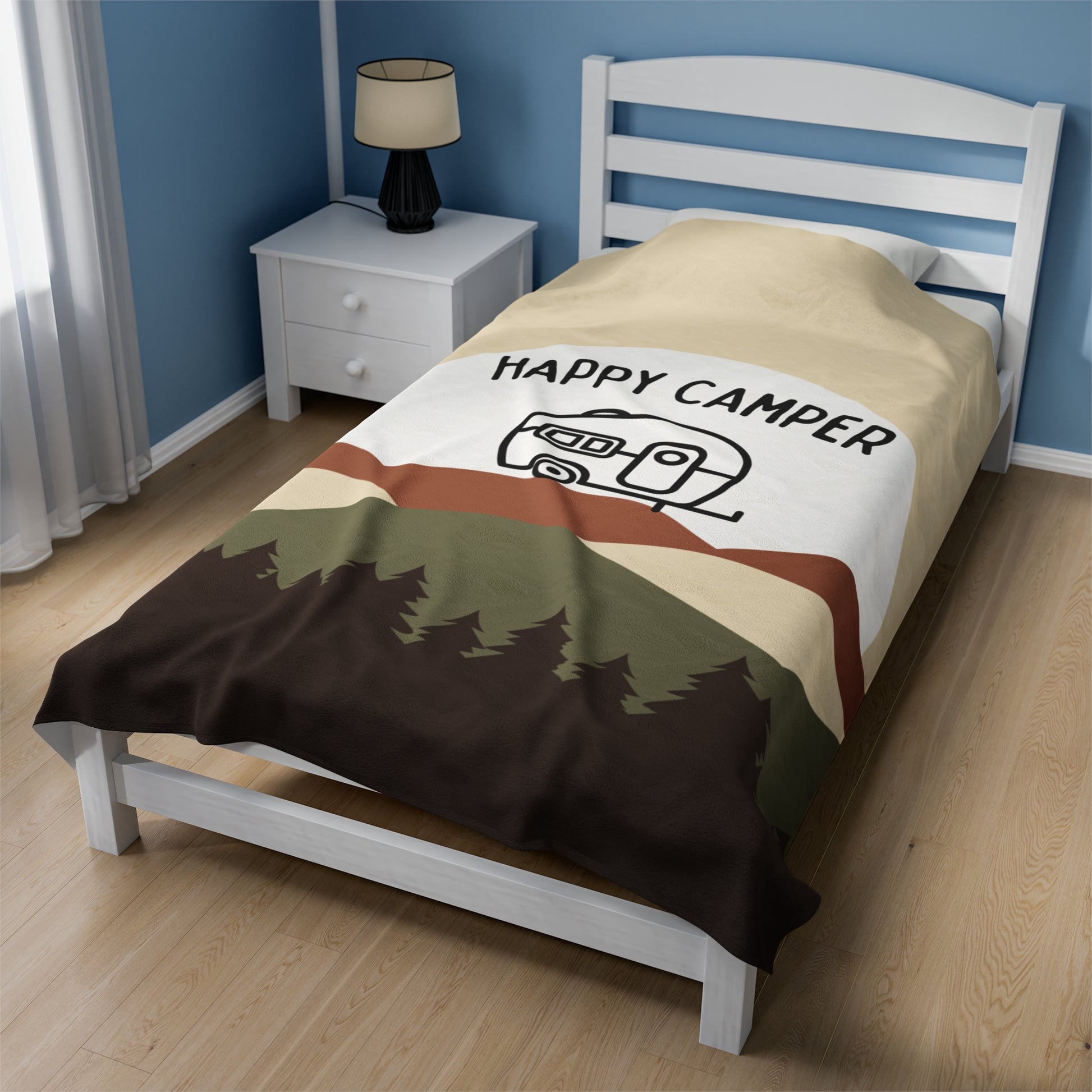 Happy Camper blanket featuring a vintage camper and moonlit forest
