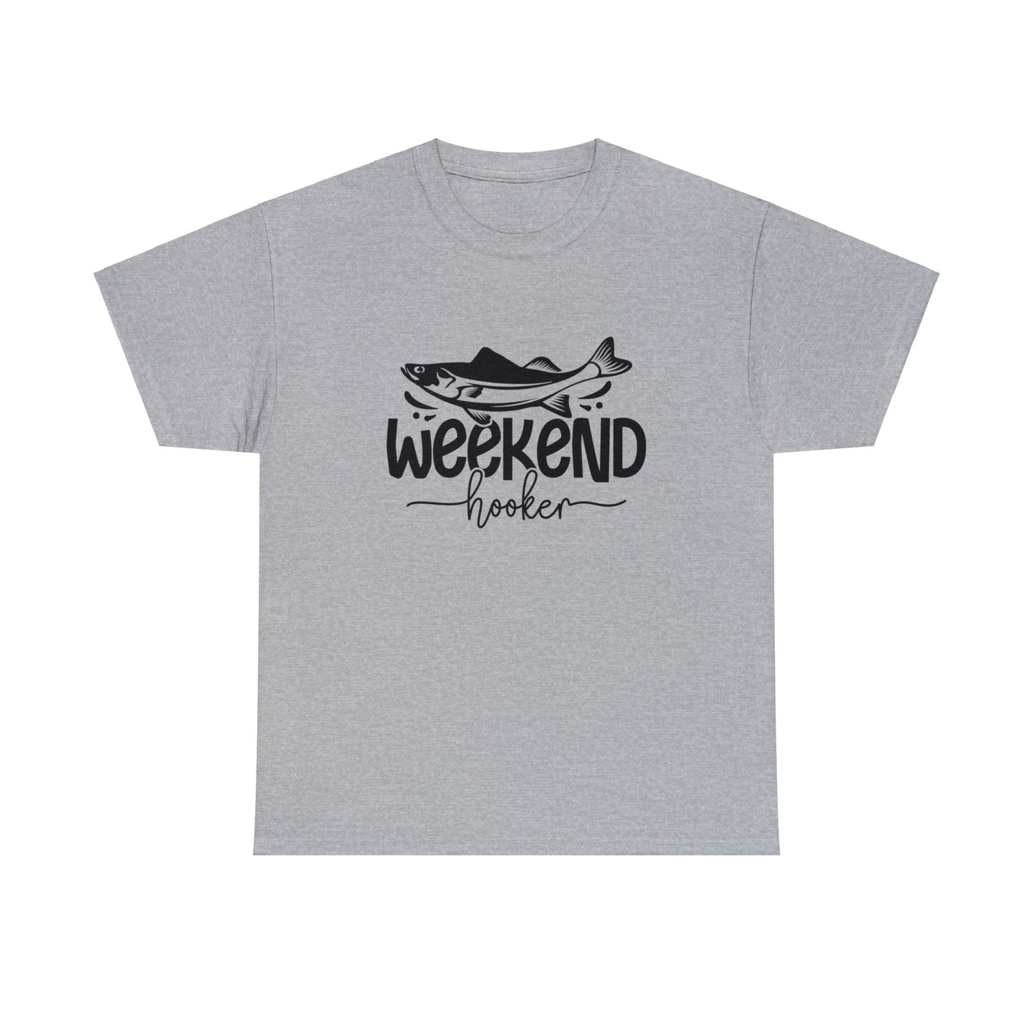 Fishing shirt with humorous Weekend Hooker slogan and fish design
