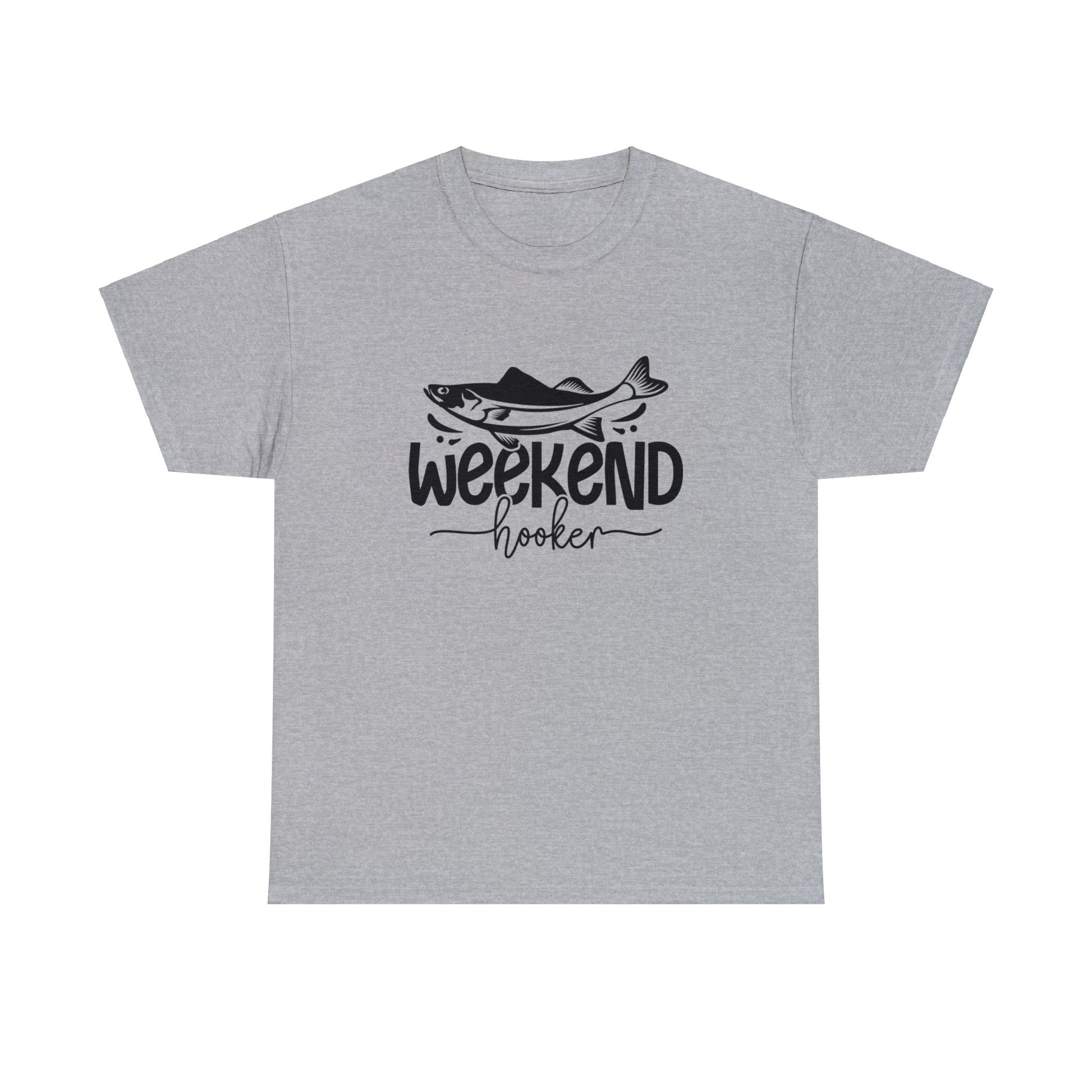 Fishing shirt with humorous Weekend Hooker slogan and fish design
