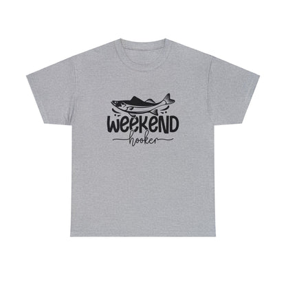 Fishing shirt with humorous Weekend Hooker slogan and fish design
