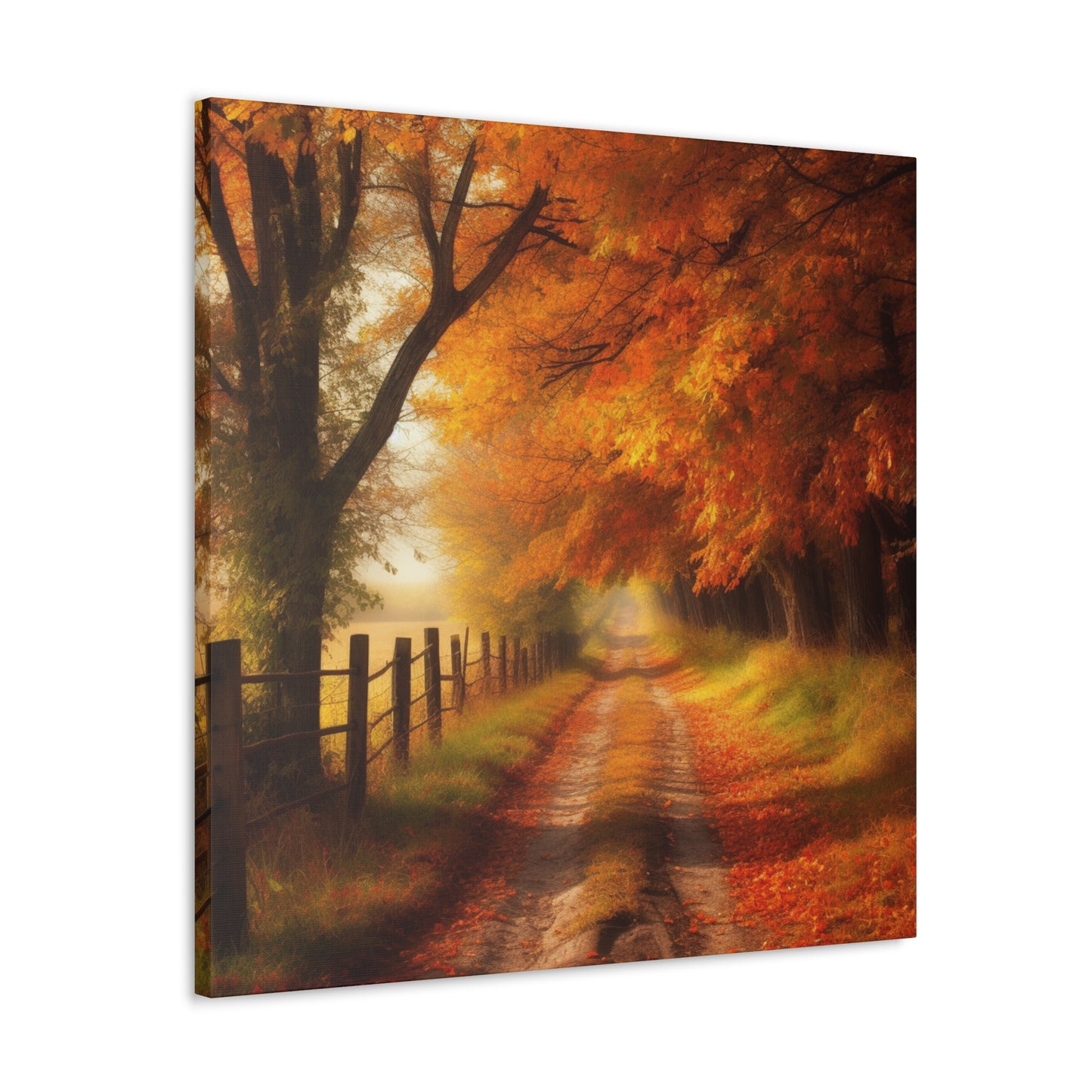 Vibrant fall canvas wall art with a winding dirt road scene
