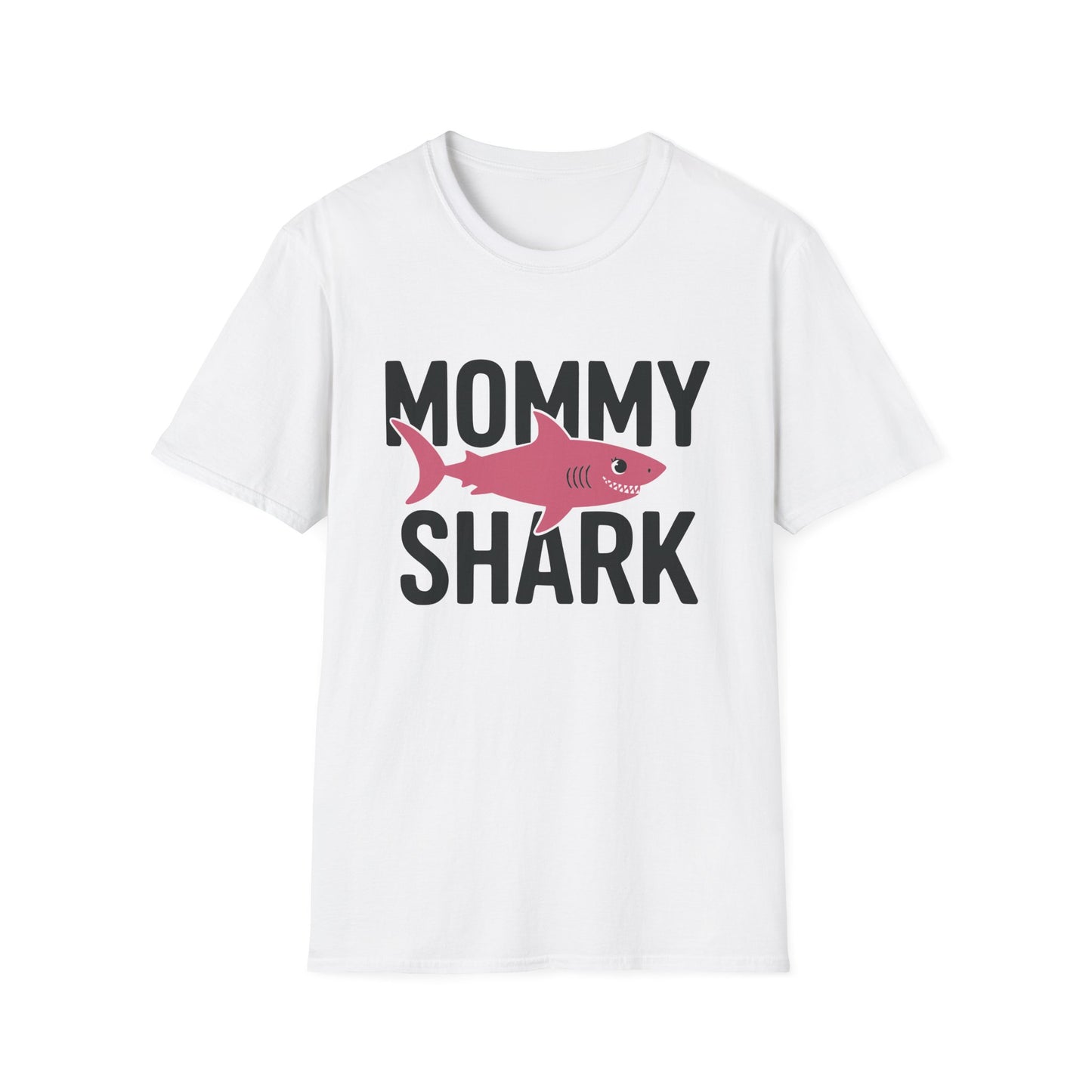 White t-shirt with 'Mommy Shark' text and pink shark graphic on a white background