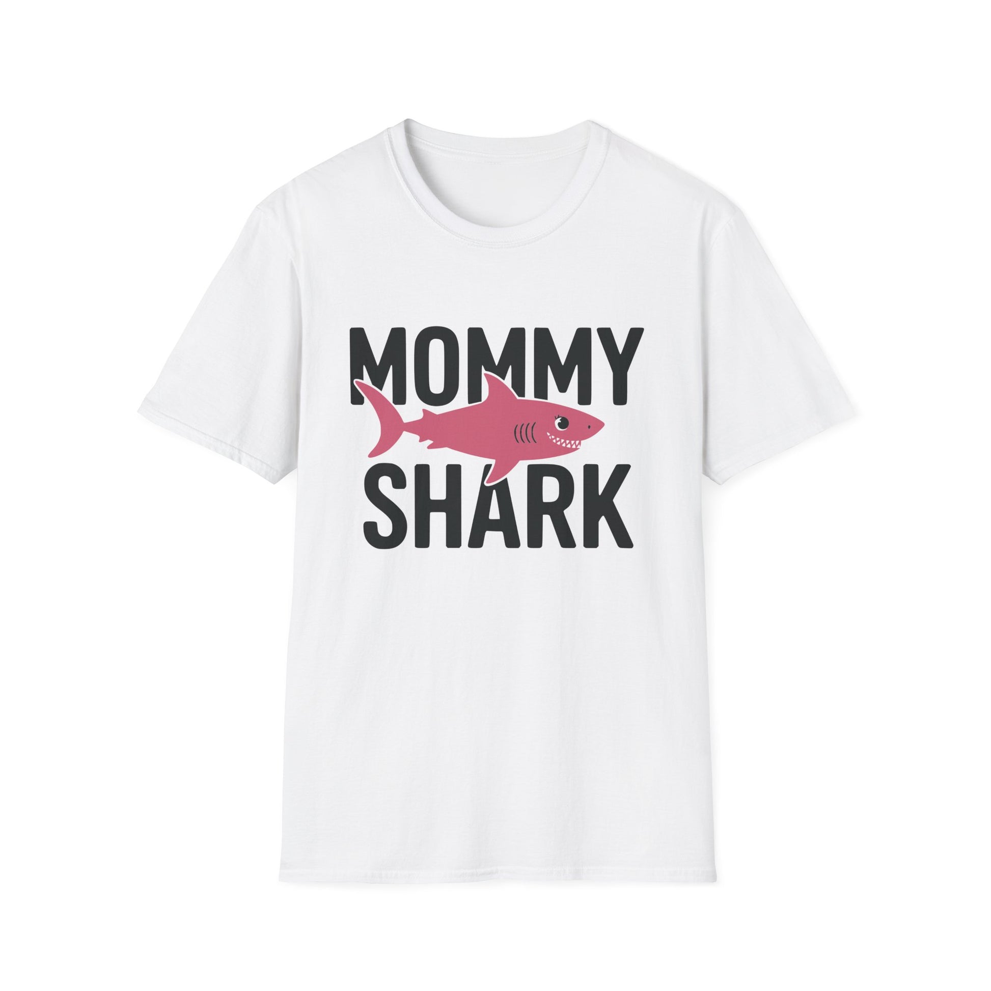 White t-shirt with 'Mommy Shark' text and pink shark graphic on a white background