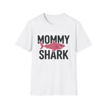 White t-shirt with 'Mommy Shark' text and pink shark graphic on a white background
