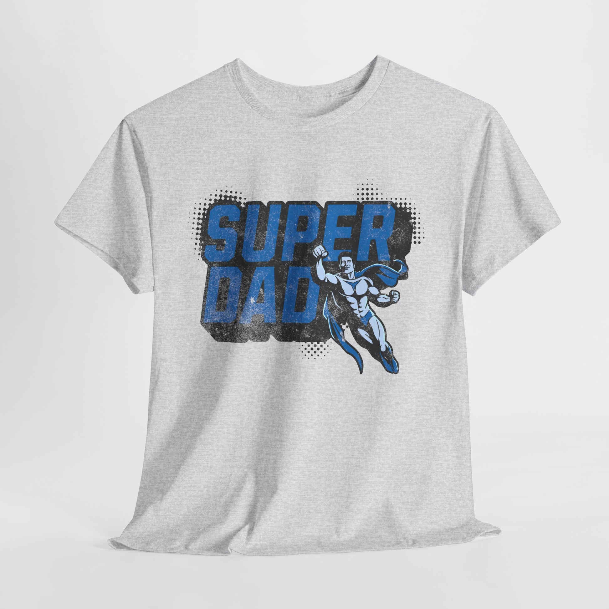 Gray t-shirt with 'Super Dad' graphic design on a white background