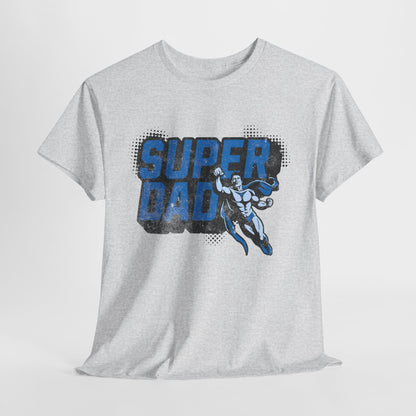 Gray t-shirt with 'Super Dad' graphic design on a white background