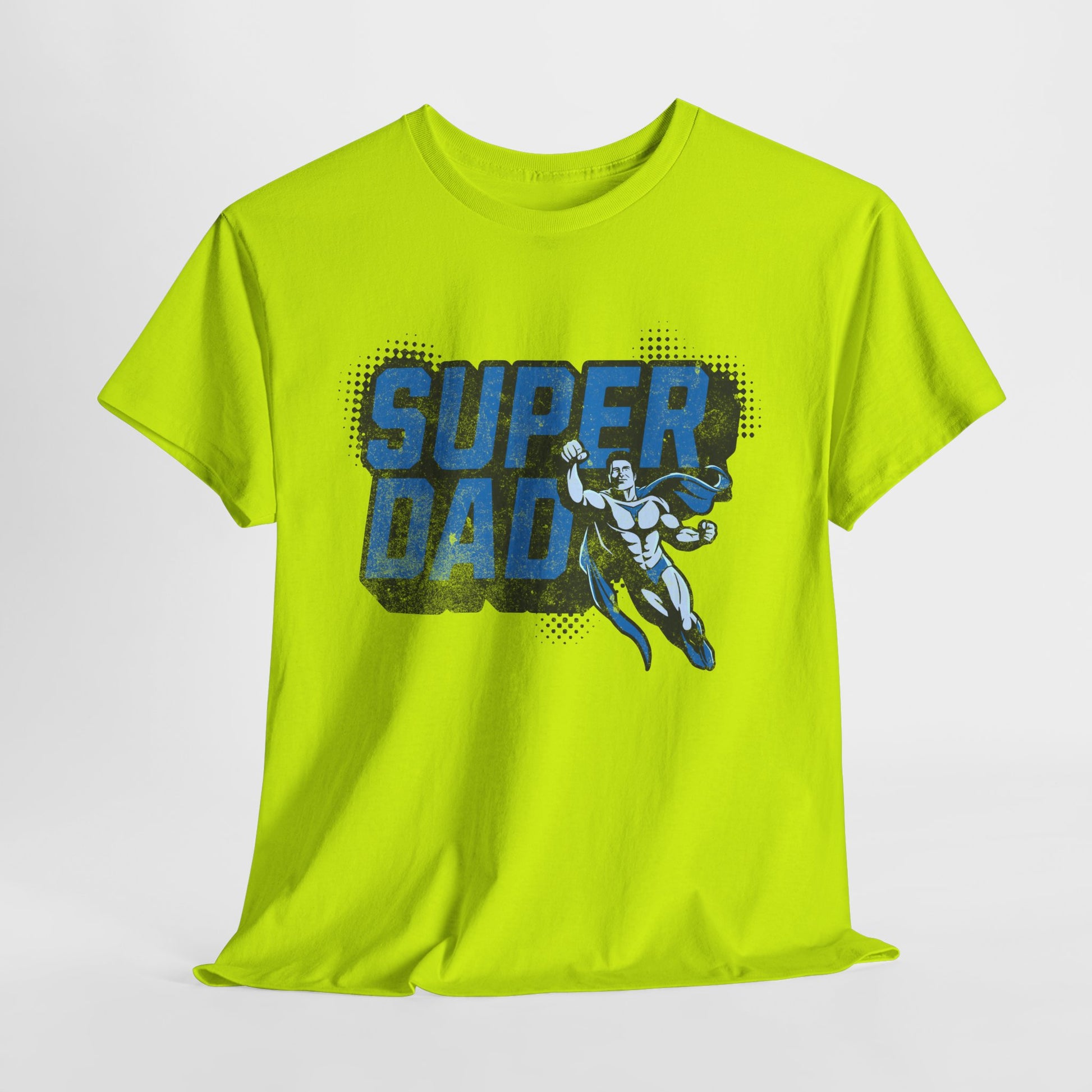 Yellow t-shirt with 'Super Dad' graphic on a white background