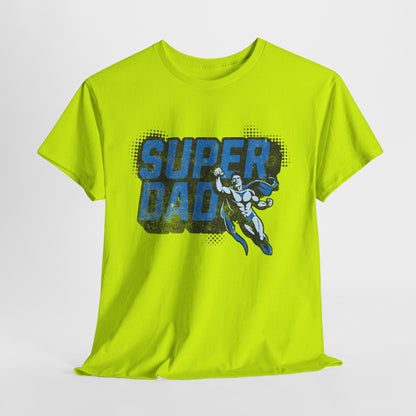 Yellow t-shirt with 'Super Dad' graphic on a white background