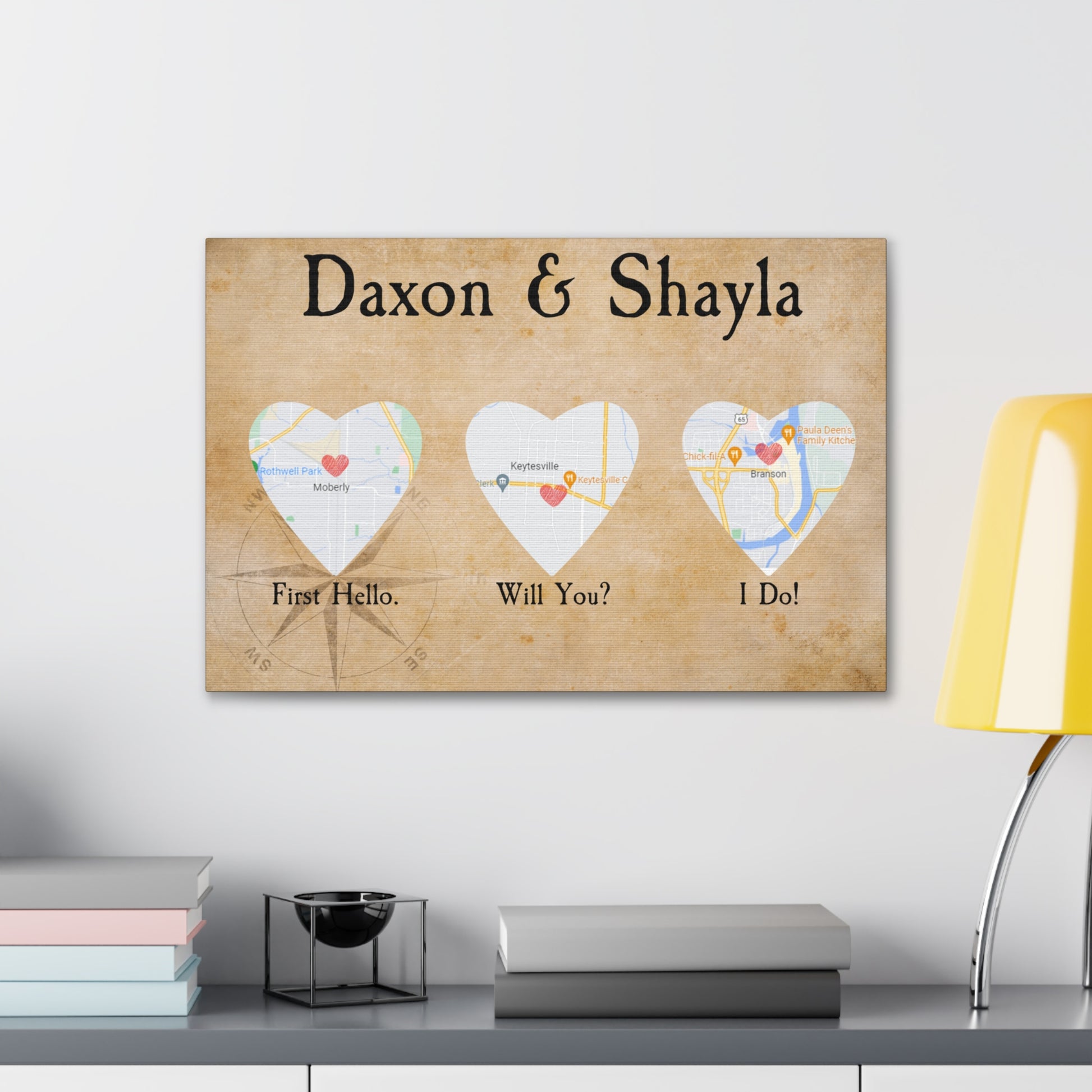 Personalized canvas featuring "Hello, Will You, I Do" with custom map locations.
