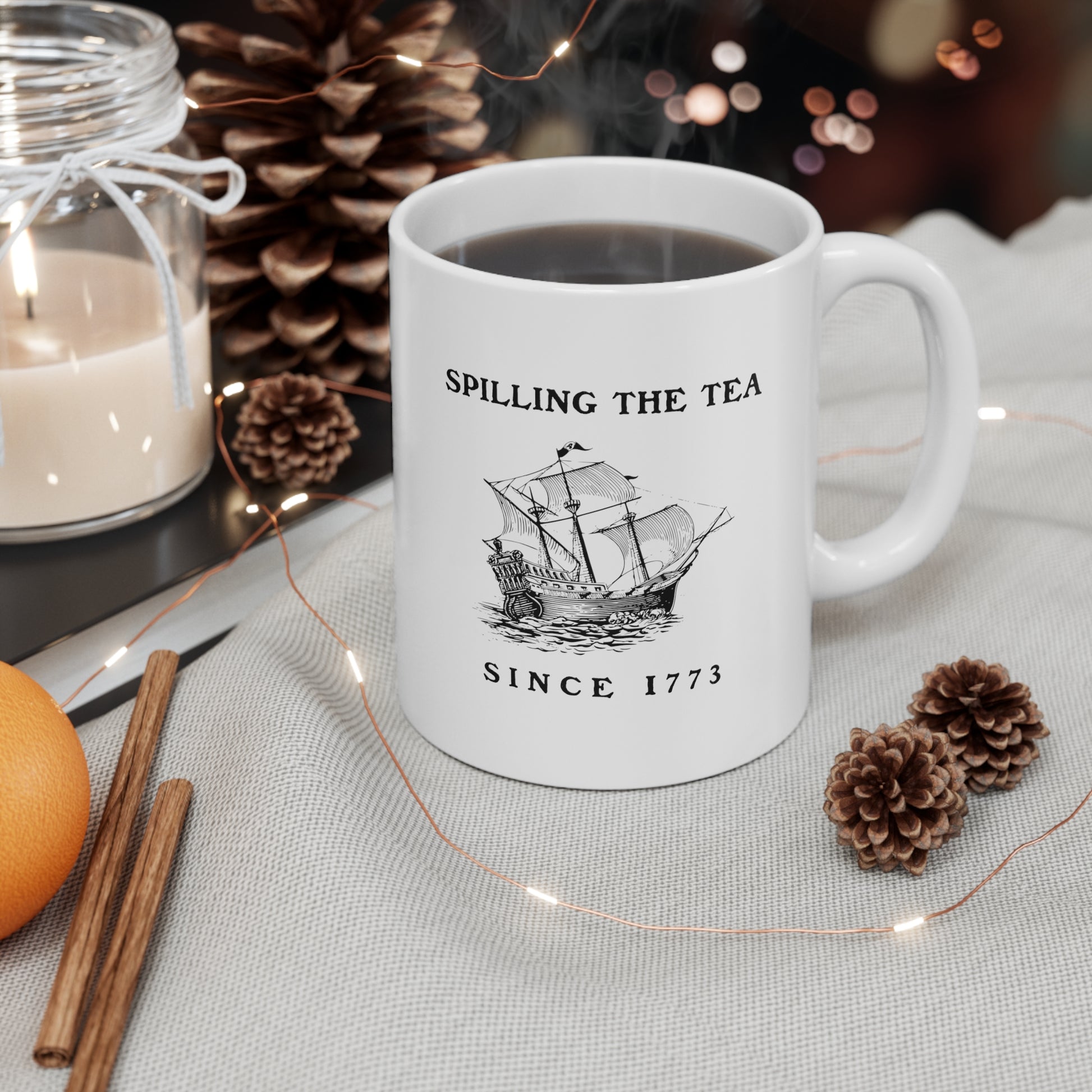 Humorous take on American history with "Spilling the Tea" coffee mug