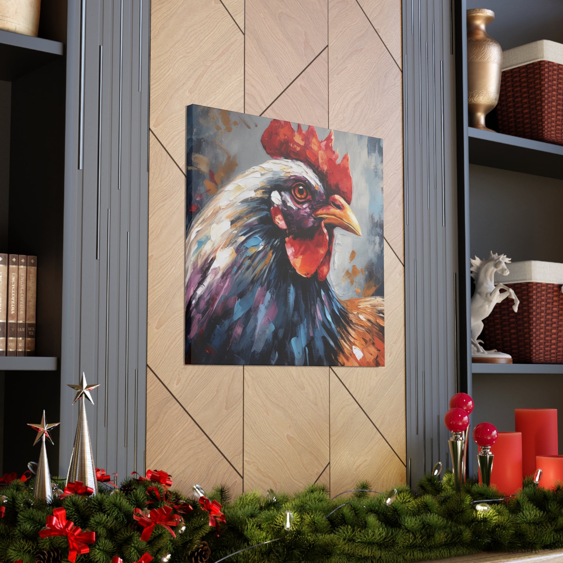 Rooster canvas art featuring a watercolor painting of a rooster's head
