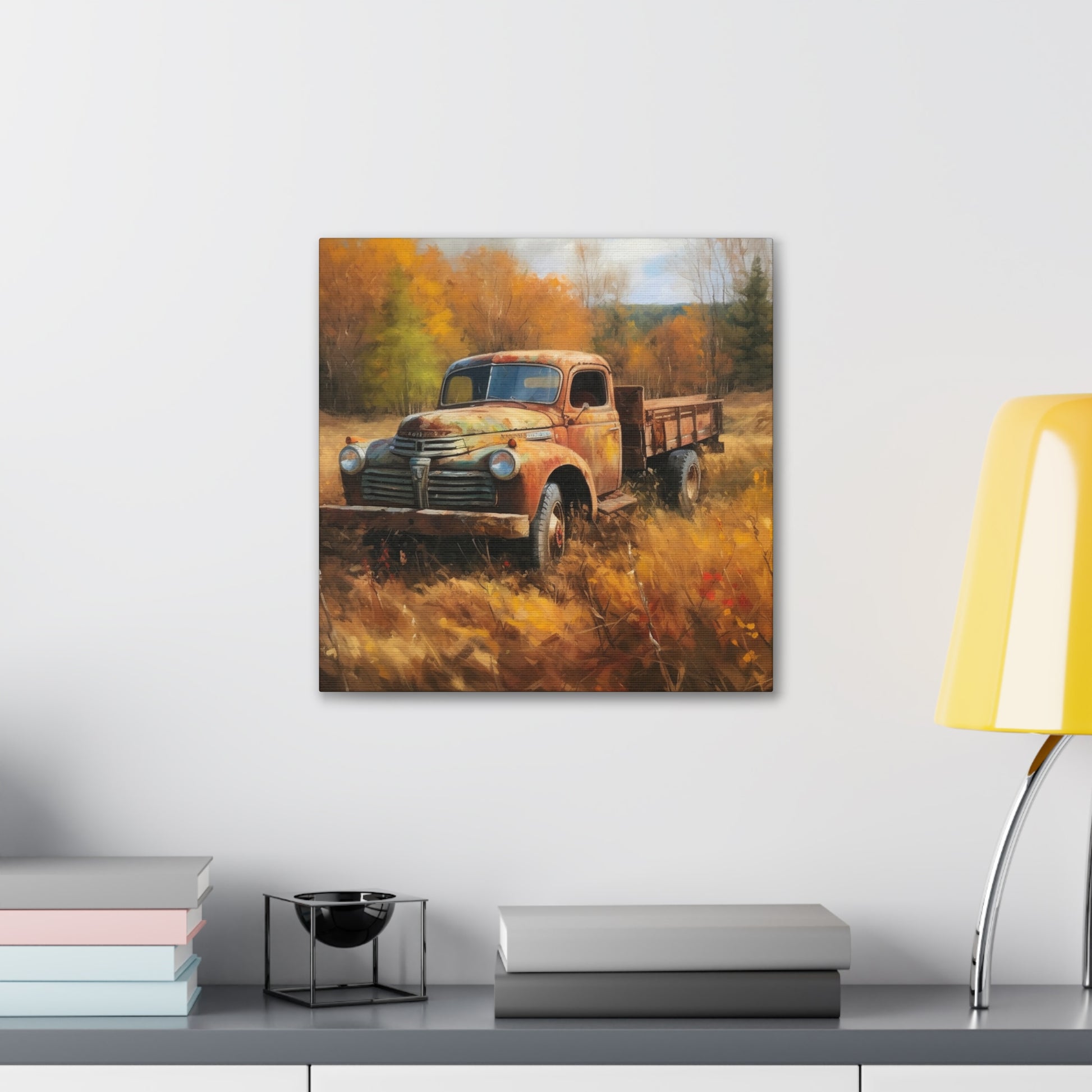Landscape painting of antique farm truck in autumn
