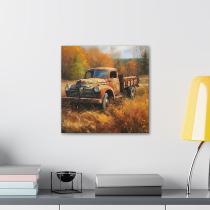 Landscape painting of antique farm truck in autumn
