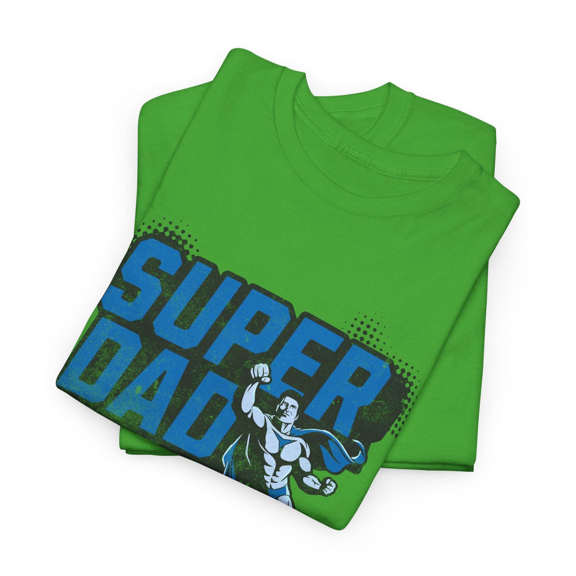 Green t-shirt with 'Super Dad' print on a white background
