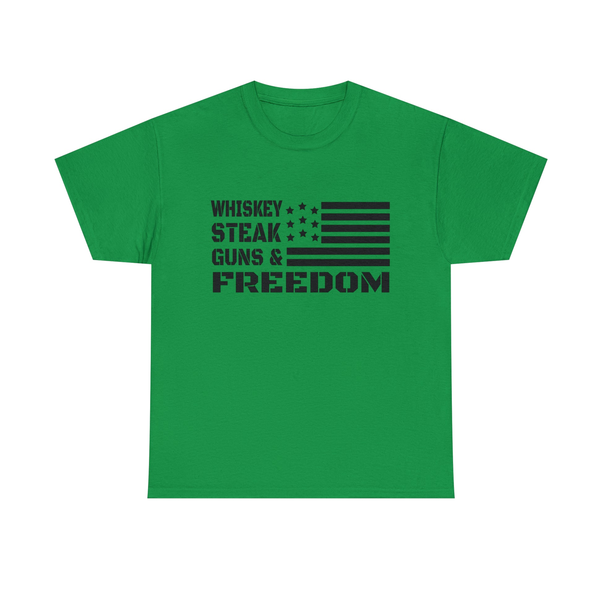 Vintage American flag t-shirt with whiskey and steak text
