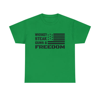Vintage American flag t-shirt with whiskey and steak text
