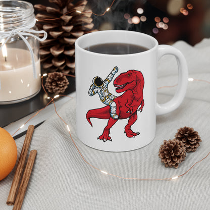 Coffee mug with astronaut and dinosaur – perfect for morning laughs
