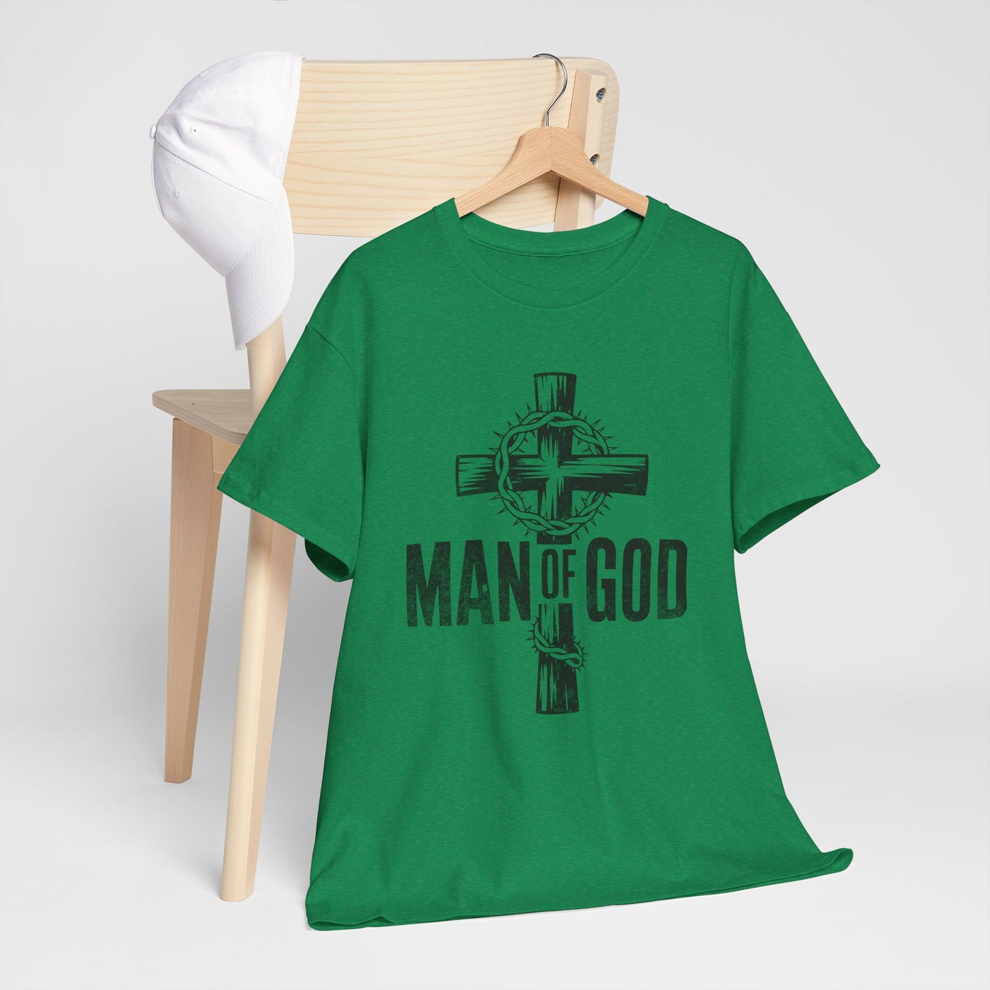 Men's faith-based t-shirt with Man of God text and cross
