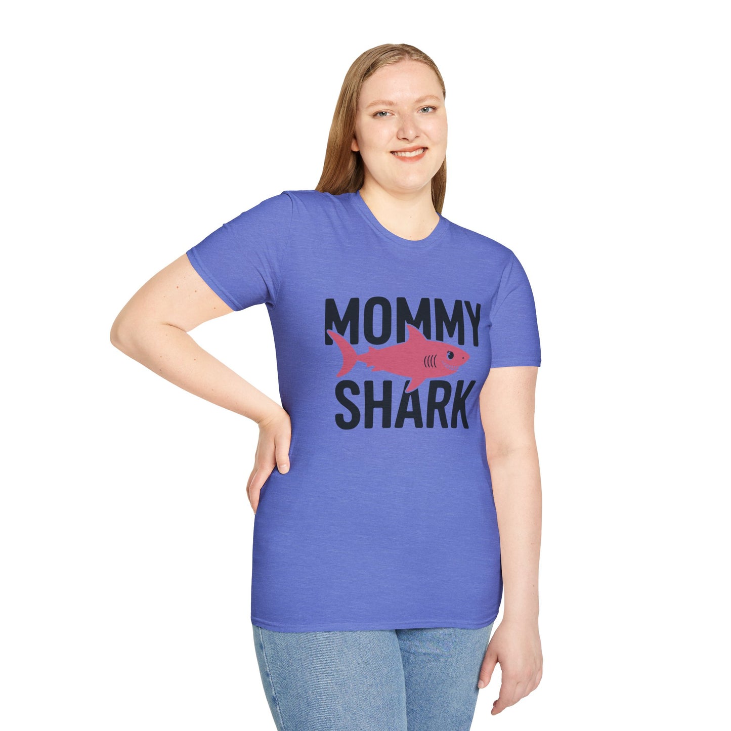 Woman wearing a blue t-shirt with 'Mommy Shark' graphic on a white background