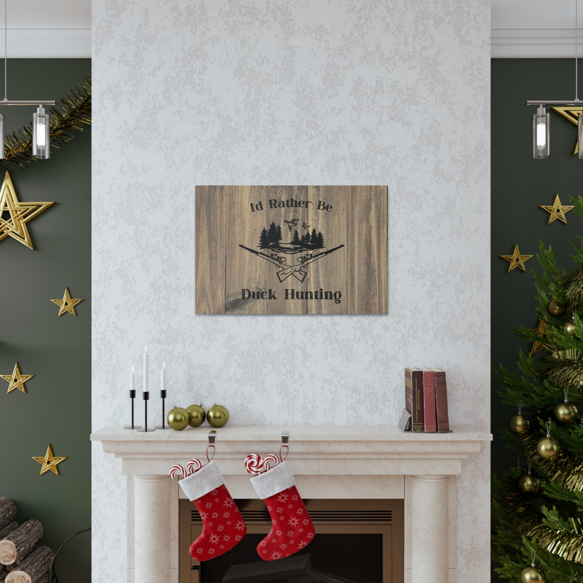 Forest wall art with duck hunting graphic and rustic finish
