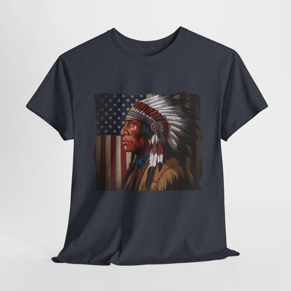 Native American t-shirt with feathered war bonnet and flag
