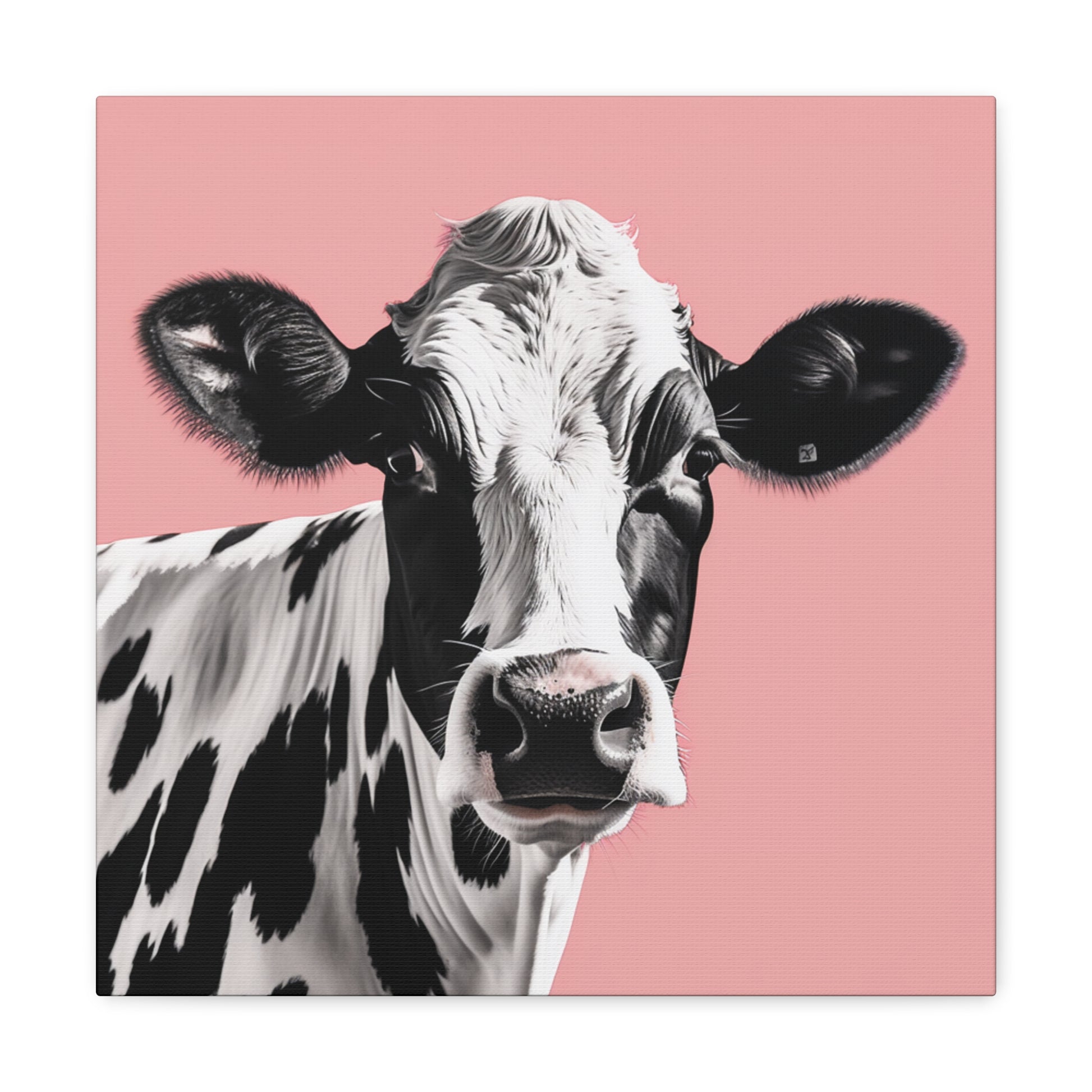 Bold cow wall art on pink canvas
