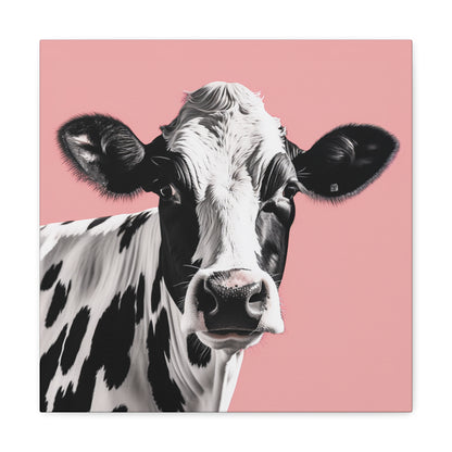Bold cow wall art on pink canvas
