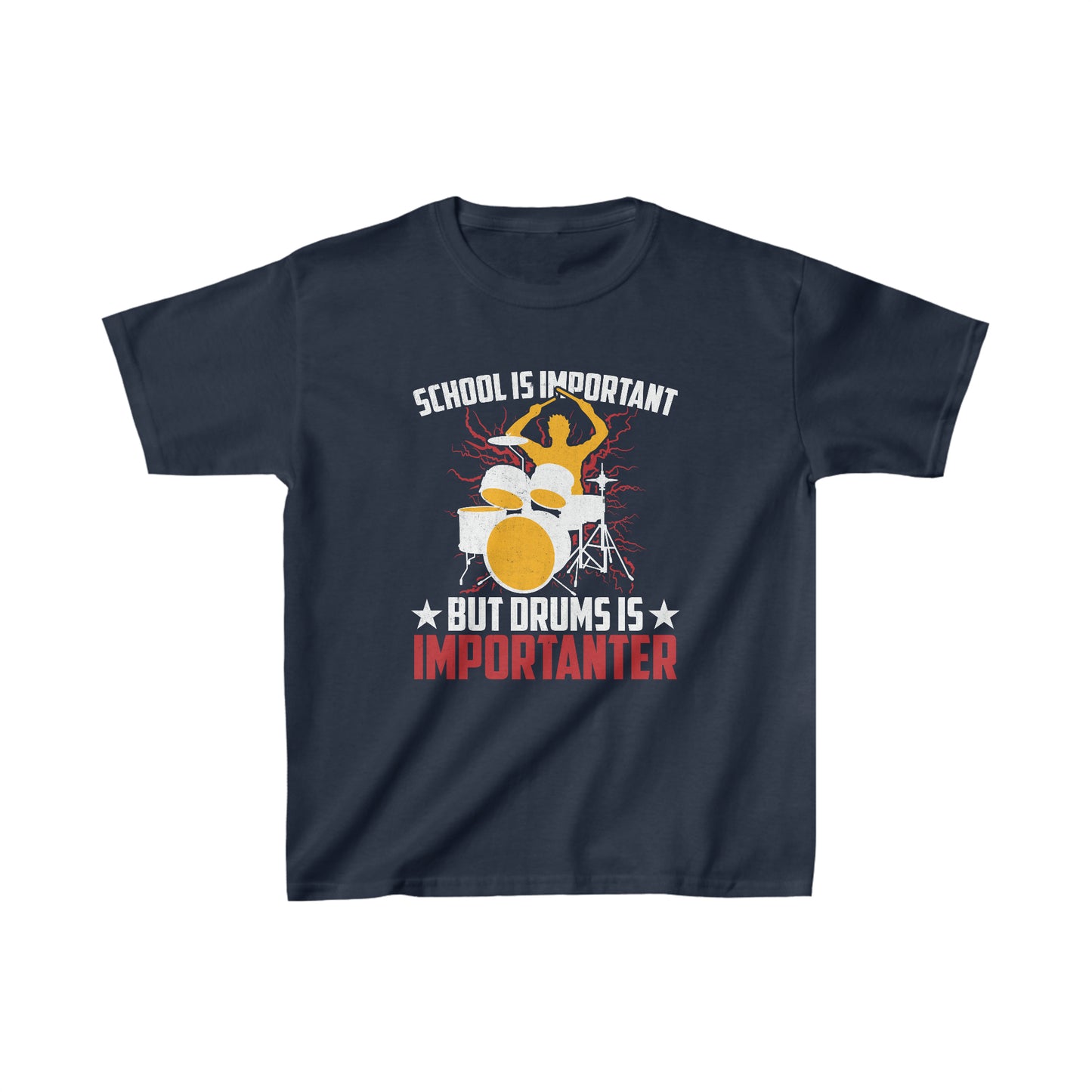 Funny kids drum shirt with a drummer and drum set illustration
