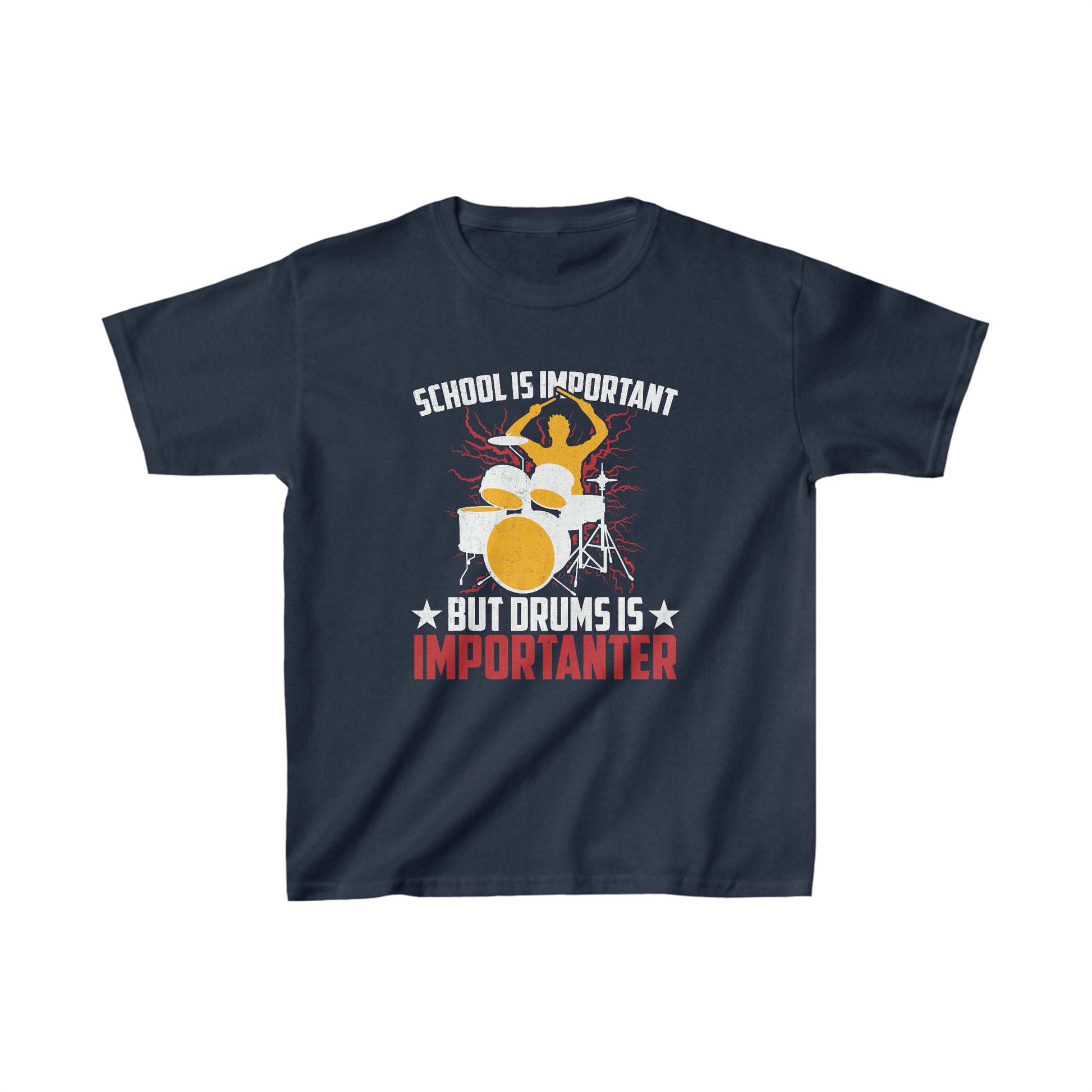 Funny kids drum shirt with a drummer and drum set illustration
