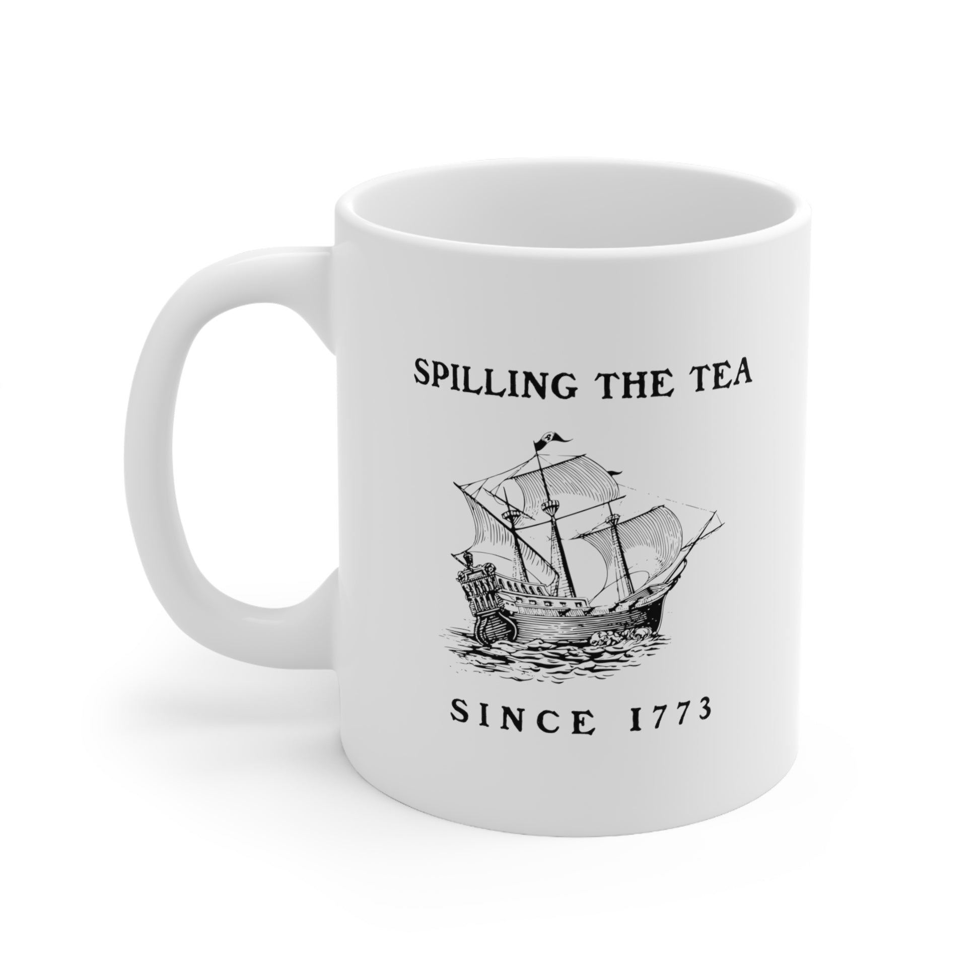 Sarcastic coffee mug with early American values design
