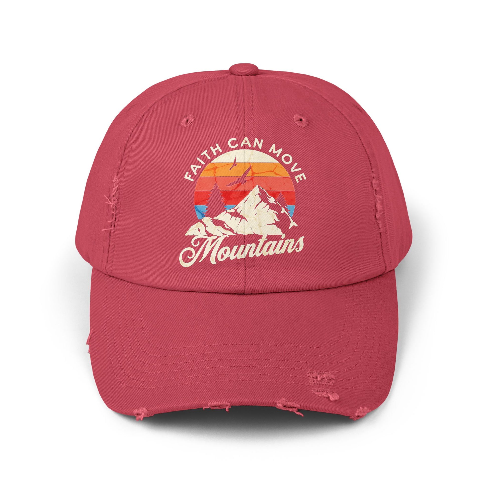 Inspirational Christian hat with snowy mountain scene
