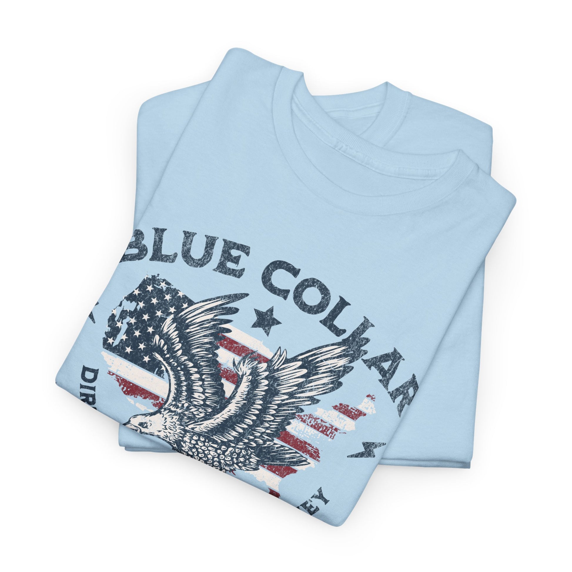 Patriotic blue collar tee with proud American design elements